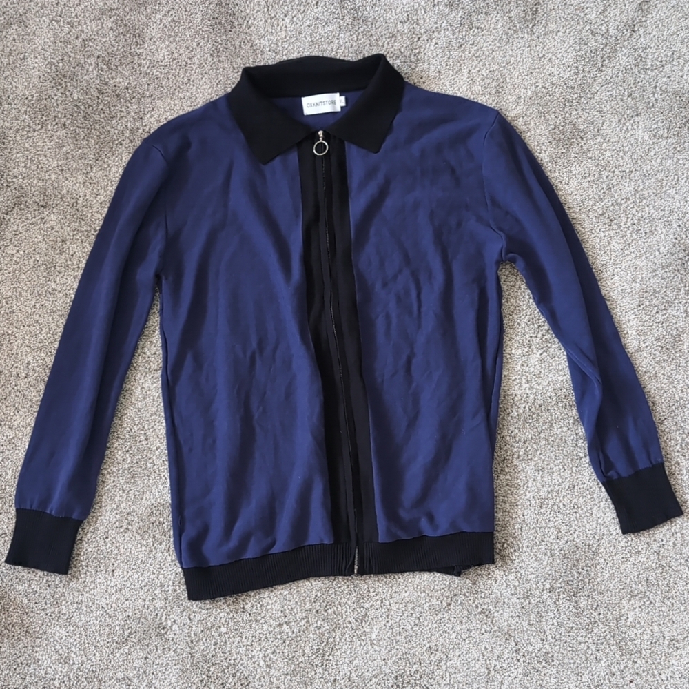 Oxknitstore XL Retro Knit Solid Blue Black Stripe Hem & Collar Polo Long Sleeve